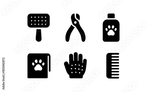 Pet grooming icons set: silhouette style for tools and accessories design