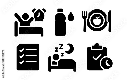 Daily routine icons: morning, hydration, meal, checklist, sleep, night