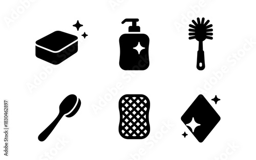 Set of cleaning icons with sparkles in black silhouette style