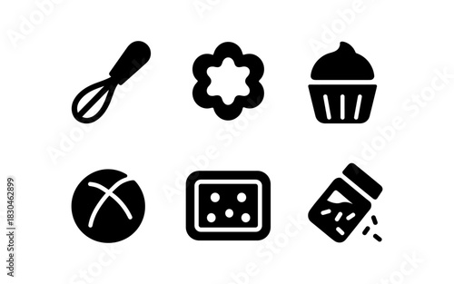 Simple baking icons: whisk, cookie, cupcake, bread, cutting board, salt shaker