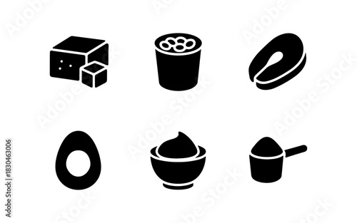 Black and white protein foods icons: cheese, yogurt, salmon, egg, sour cream, protein powder