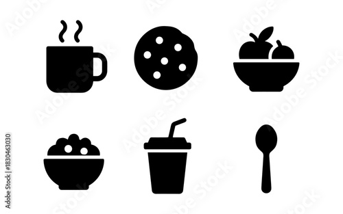 Silhouette icons of breakfast food and drinks in minimalist style