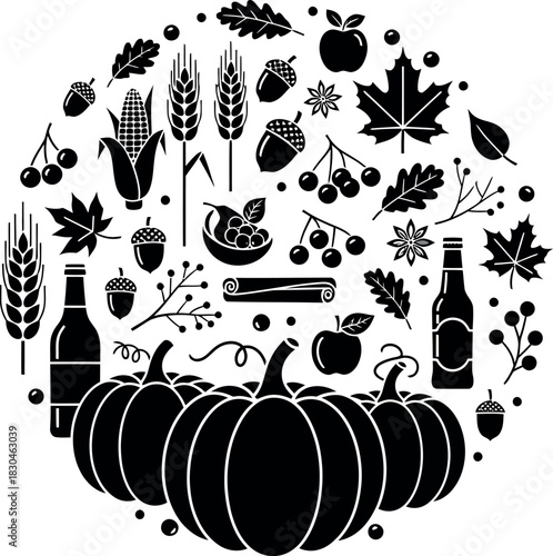 Autumn harvest festival food and decoration elements icon set