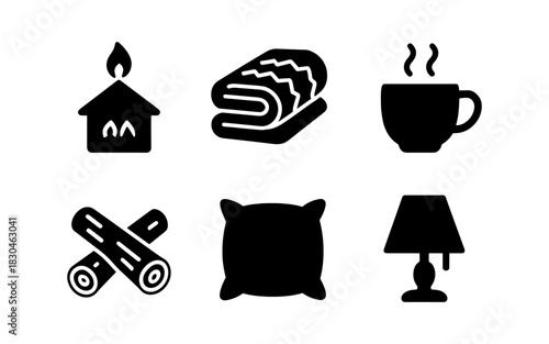 Cozy home icons: fireplace, blanket, coffee, logs, pillow, lamp in black silhouette