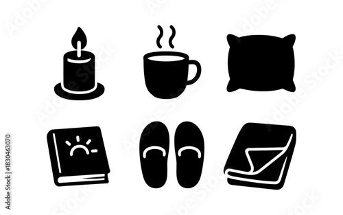 Cozy home icons: silhouette designs of candle, mug, pillow, book, slippers, and blanket