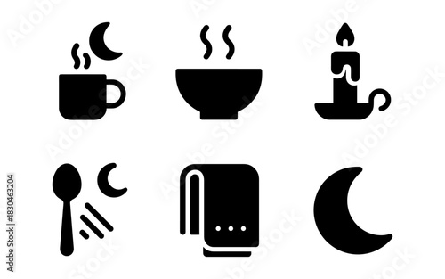 Silhouette icons of nighttime comfort: moon, candle, hot drinks, and quiet moments