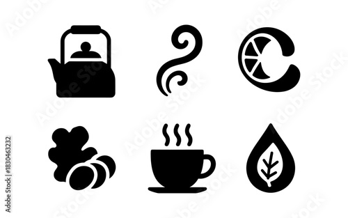 Minimalist icons of tea and coffee with herbal elements in black