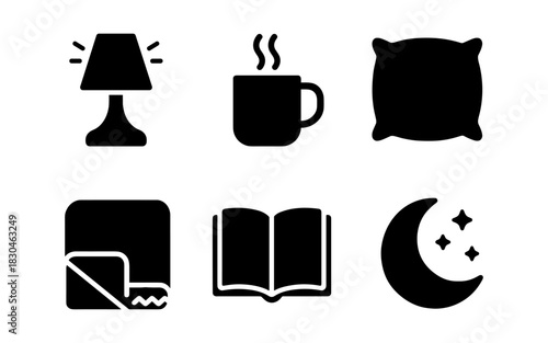 Cozy home elements: silhouette icons of lamp, mug, pillow, blanket, book, moon