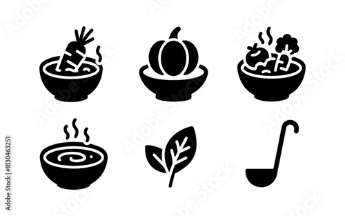 Simple icons of vegetable soup and leaf in black silhouette style