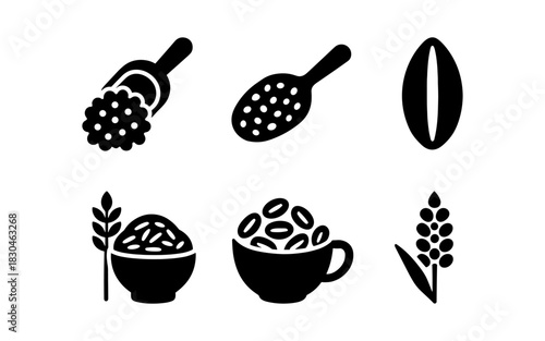 Minimalist icons of grains and coffee in monochrome
