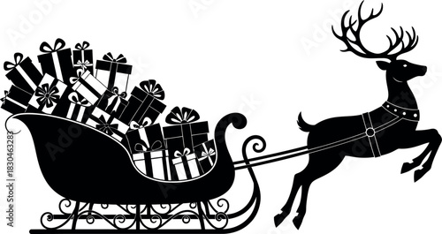 Festive reindeer pulling a sleigh full of christmas presents