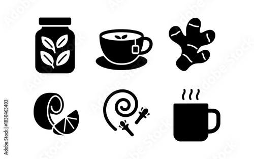 Silhouette icons of herbal tea and ingredients: ginger, lemon, cloves, mint