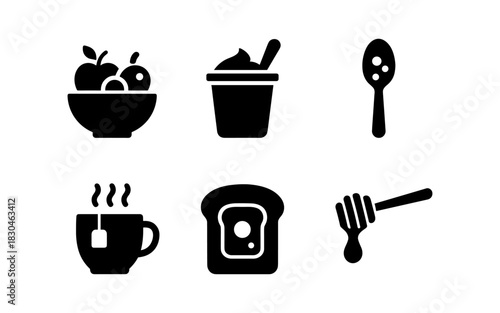 Minimalist breakfast icons: fruit, yogurt, spoon, tea, toast, honey