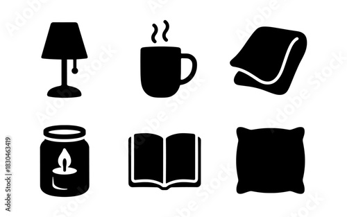 Cozy essentials silhouette set: lamp, mug, blanket, candle, book, pillow icons