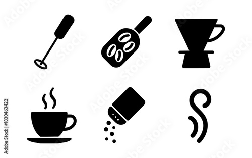Minimalist coffee icons: silhouette style for brewing, grinding, and serving