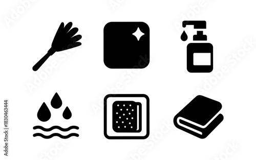 Cleaning tools and hygiene icon set in minimalist black silhouette style