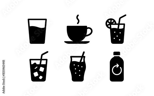 Beverage icons set with refreshing drinks and coffee cup silhouette