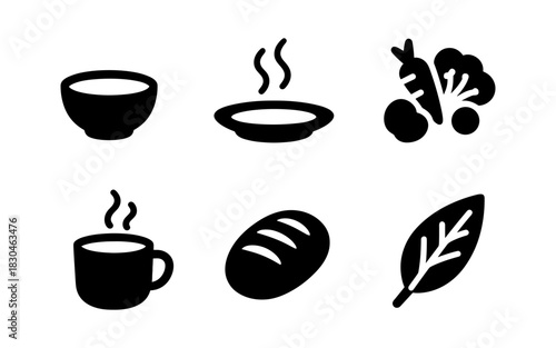 Minimalist black and white food icons featuring bread, soup, and vegetables