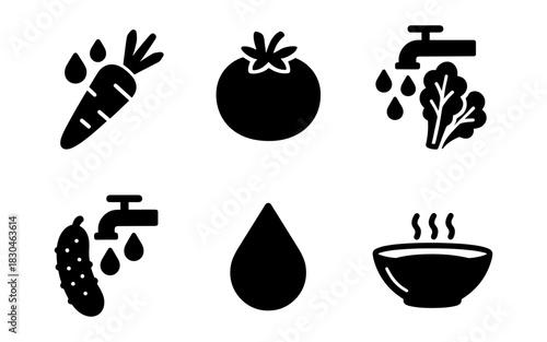 Silhouette icons of vegetables and water drops for cooking and kitchen themes