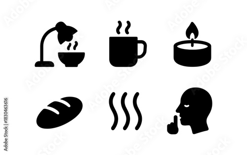 Silhouette icons of warmth and quiet: tea, coffee, candle, bread, quiet gesture