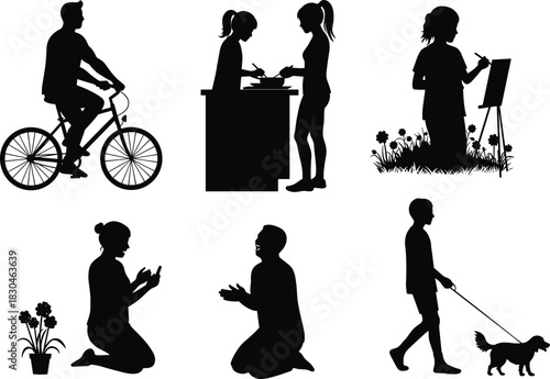 Human silhouette, daily activities, biking, gardening, painting, praying, dog walking, interaction, lifestyle concept, expressive poses, black figure, white backg