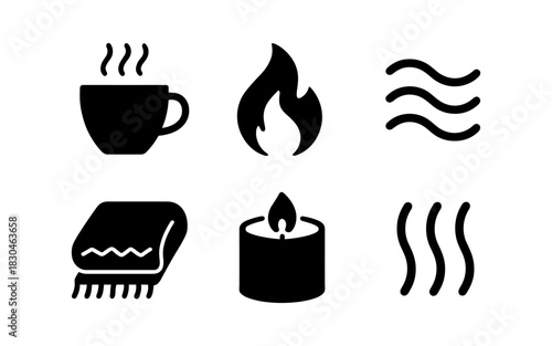 Cozy icons collection featuring warmth elements like fire, candle, and hot beverages in simple silhouette style