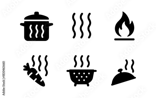 Black cooking icons: steaming, boiling, and roasting silhouettes