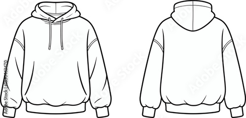 Hoodie flat sketch, sweatshirt drawing, fashion design vector, apparel template, garment illustration, casual wear, hooded pullover, ribbed cuffs, clothing outline, technical fashion