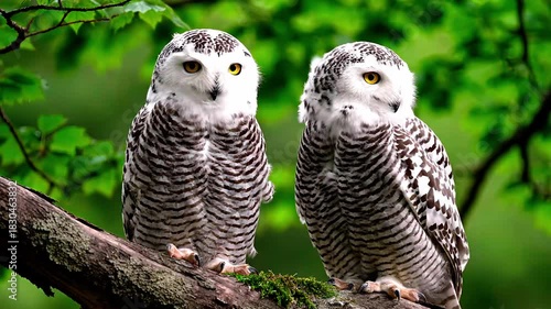 Two Snowy Owls Perched on Tree Branch in Forest with Green Leaves and Bright Yellow Eyes Wildlife Scene