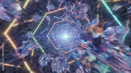 Futuristic Geometric Tunnel: A mesmerizing tunnel adorned with intricate geometric patterns and vibrant neon lights, offering a journey into a digital realm of wonder.