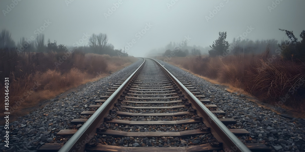 Fototapeta premium a solitary railway track winding through a misty