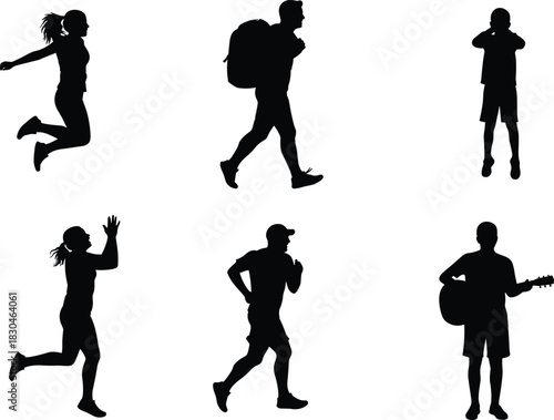 Human silhouette, active poses, jumping, hiking, running, guitar playing, leisure activity, expressive movement, black figures, white background, lifestyle conc