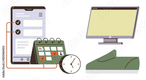 Mobile phone displaying tasks, calendar with marked dates, clock, monitor, and closed book. Ideal for productivity, time management, scheduling, planning organization goal setting simple flat