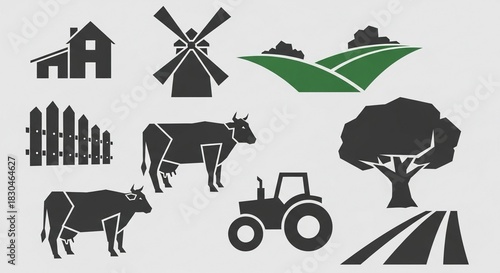Charming farm life graphics for sustainable agriculture projects featuring cows, tractors, windmill, and green fields, perfect for rural lifestyle and farming business branding