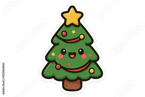 Wallpaper Mural Festive Cheer: A cheerful cartoon Christmas tree, adorned with a shining star and festive ornaments. The vibrant image evokes holiday spirit and joyful anticipation.  Torontodigital.ca