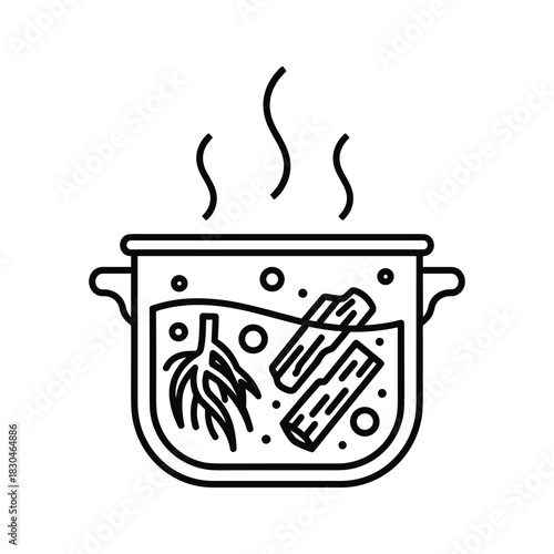 Herbal Decoction Pot with Steaming Ingredients Line Icon