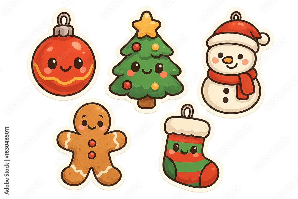 Obraz premium Festive Christmas Cartoon: A cheerful array of Christmas ornaments, including a tree, snowman, stocking, gingerbread man, and bauble, set the stage for the holidays.