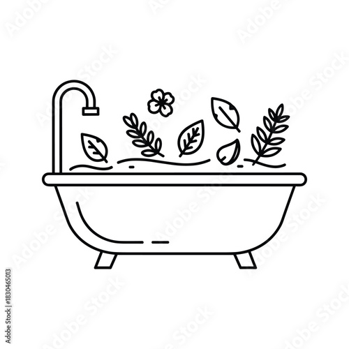 Relaxing Natural Bath with Botanical Elements Line Art