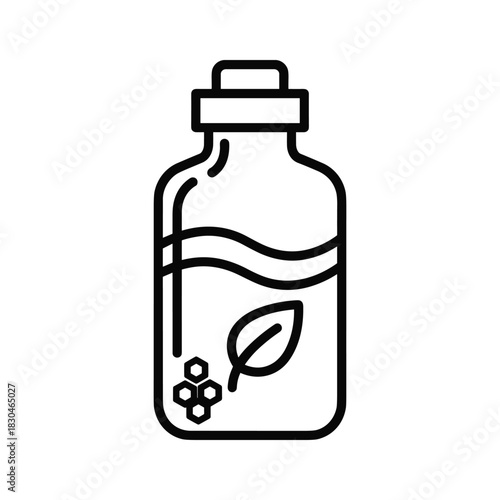 Natural Liquid Bottle Icon with Leaf and Honeycomb Elements