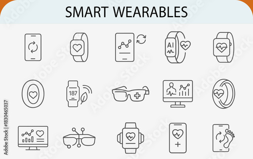 smart wearables line icon set, health monitor fitness technology vector