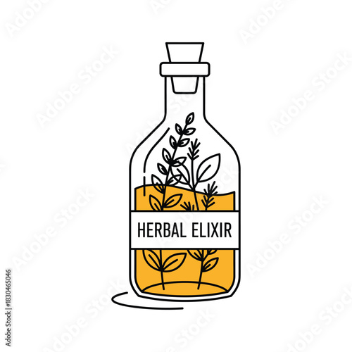 Herbal Elixir Bottle with Natural Plants Line Art Illustration