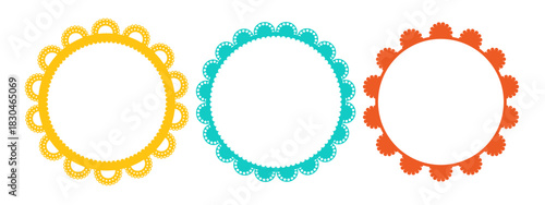 Colorful circular frames featuring intricate lace patterns and wavy scalloped borders. Decorative round designs ideal for embroidery, crochet projects, or vintage aesthetic creations