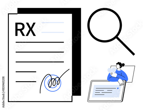 Medical prescription review. RX document magnified for verification. Prescription clarity improves healthcare communication and medication safety. For telemedicine, pharmacy systems, healthcare apps