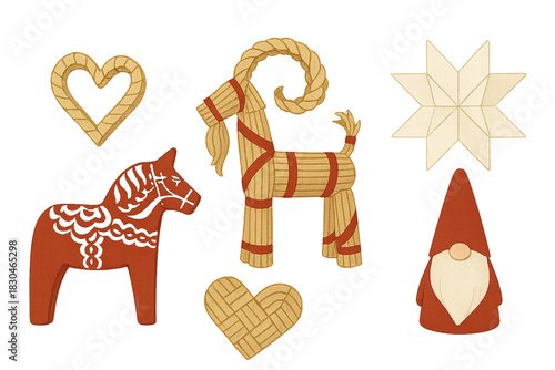 Scandinavian Decorations: A collection of traditional Scandinavian Christmas decorations, showcasing a charming gnome, a Dala horse, woven hearts, a straw goat, and a star.