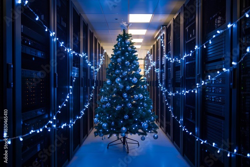 Festive christmas tree standing in the aisle of a modern server room or data center, blending holiday cheer with technology