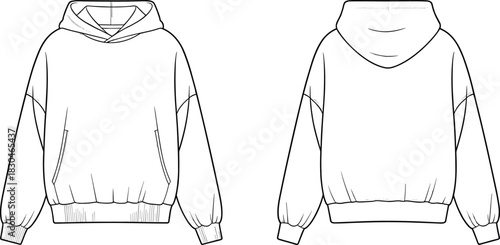 Hoodie flat sketch, sweatshirt drawing, fashion design vector, apparel template, garment illustration, casual wear, hooded pullover, ribbed cuffs, side pockets, clothing outline