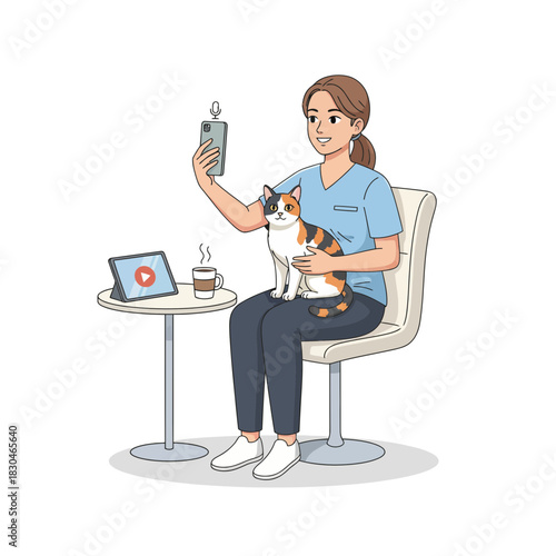 Woman Taking Selfie of Herself and Cat Sitting in a Chair