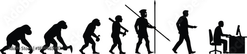 Human evolution silhouette, black and white illustration, primate to modern man, cultural development, posture change, digital age, timeline concept, white background