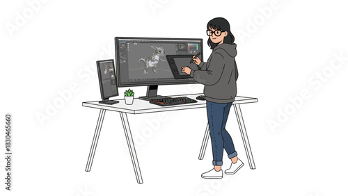 Woman creating 3D animation on a computer at her desk