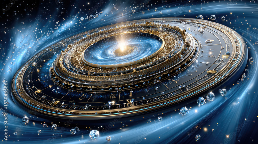 Obraz premium Zodiac wheel spinning on starry night sky, mystical astrology concept with horoscope and star signs, cosmic background, copy space